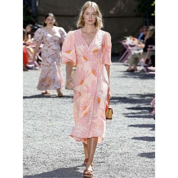 Kate Spade Grand Daisy Floral Puff Sleeve Midi Wrap Dress Size 4 Pink & Orange - Picture 1 of 11